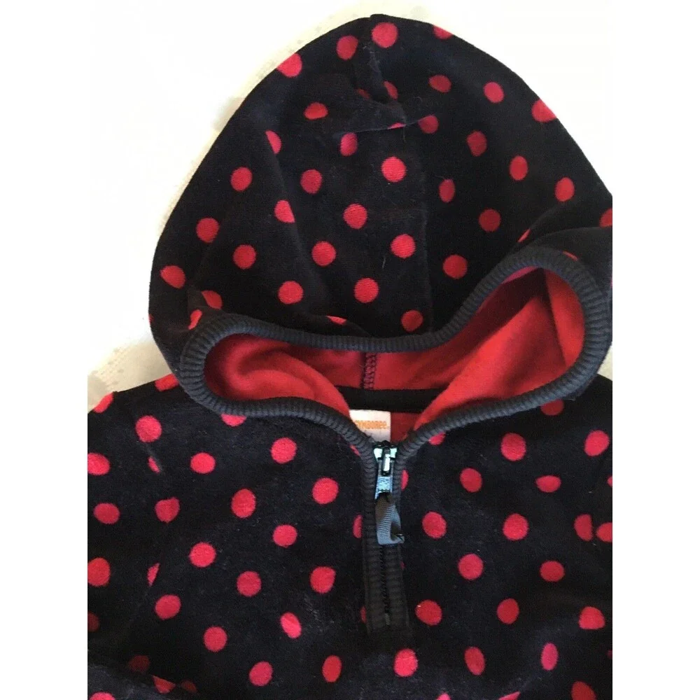 Gymboree Girl's Dress Velour Black Burgundy Polka Dots 4 Hoodie Long Sleeves EUC